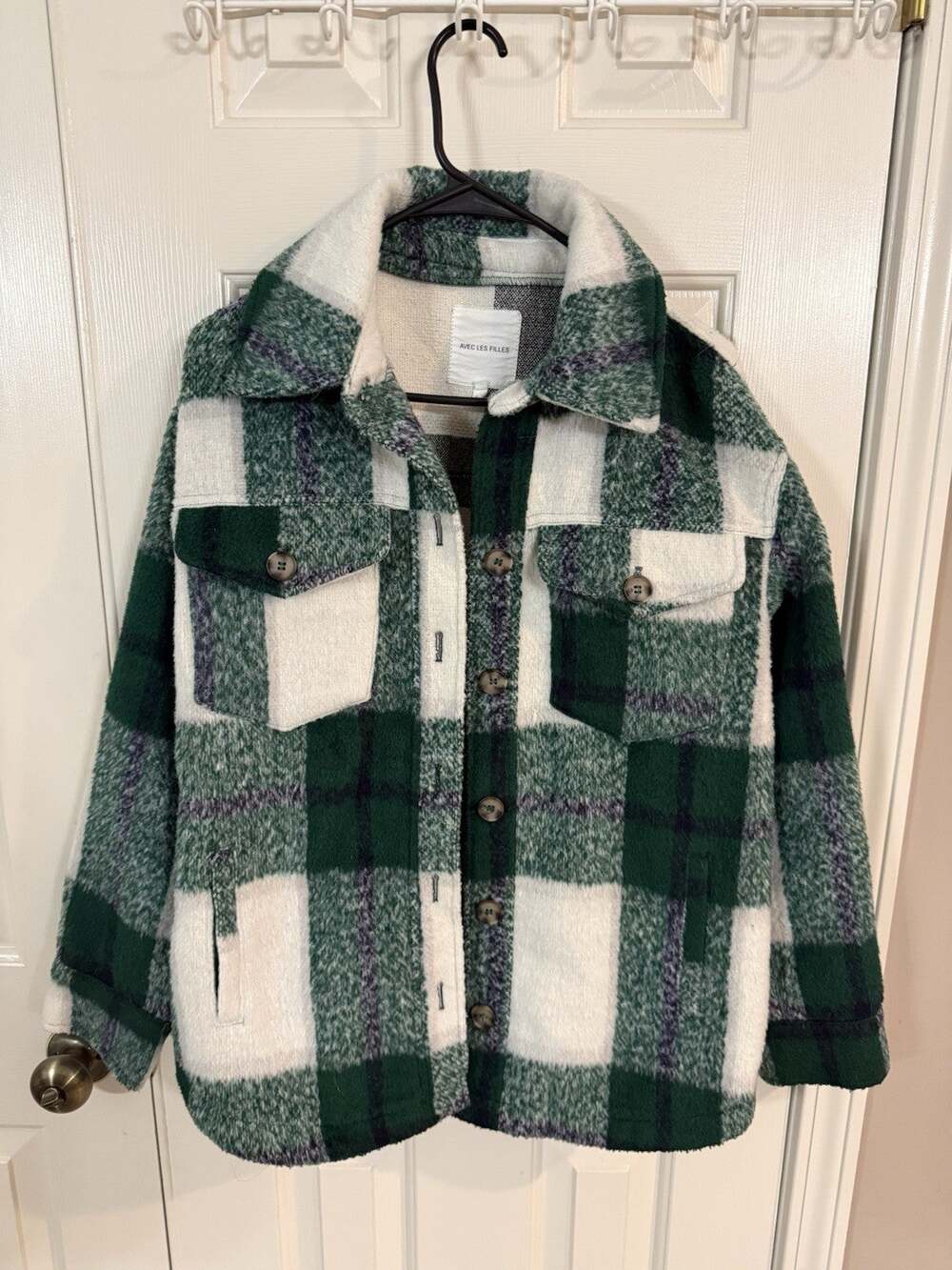 Avec Les Filles Women’s Plaid Shacket Green White Button Front Size M